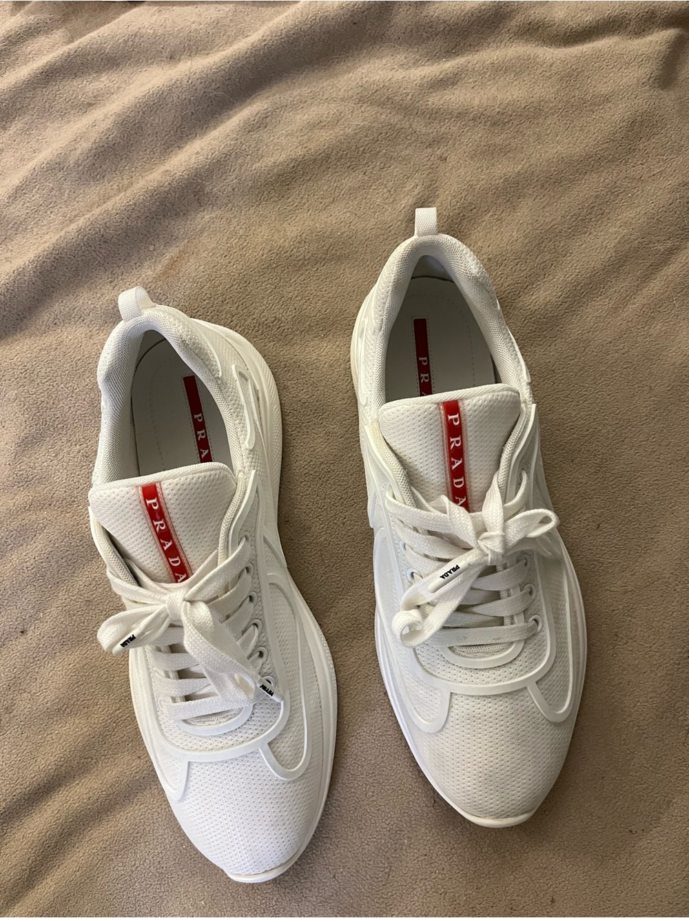 Prada White Men's Lace-Up Sneakers with Red Logo Tape